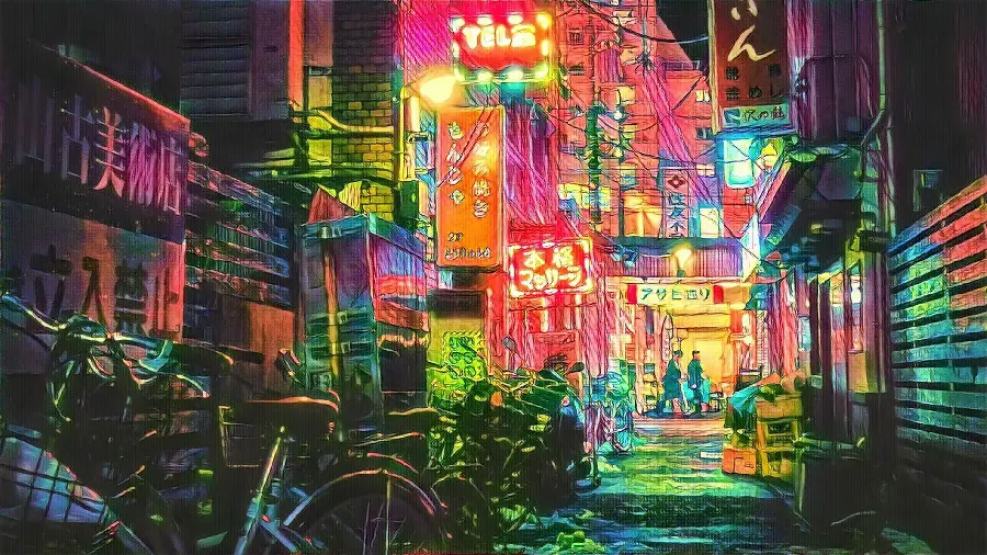 A busy image of a street in Tokyo with a painting effect in FULL HD quality