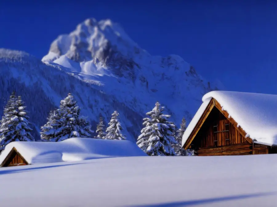 Photo of a cozy and beautiful forest cottage amidst the snow of the winter season with FULL HD quality
