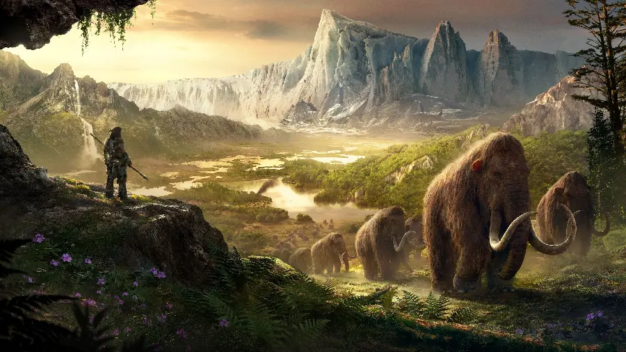 High-quality photo of a herd of mammoths in a lush forest