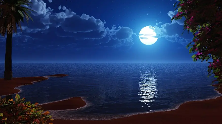 Wallpaper of the very bright moon and its reflection in the sea