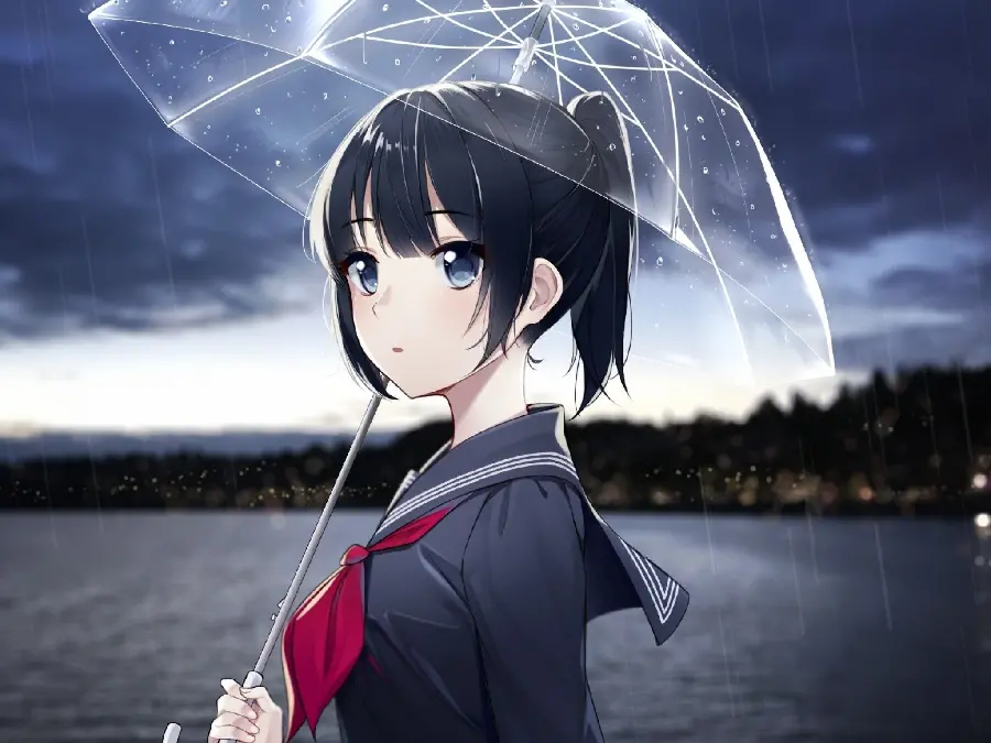 Download Windows 11 wallpaper sad anime girl with umbrella under the rain with a dark and dark atmosphere with very good quality
