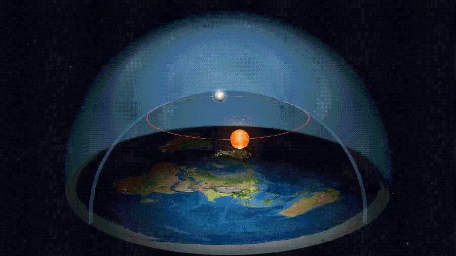 Download fantasy wallpaper of a flat Earth with interesting bubbles around it and the presence of the moon and sun for Windows 11