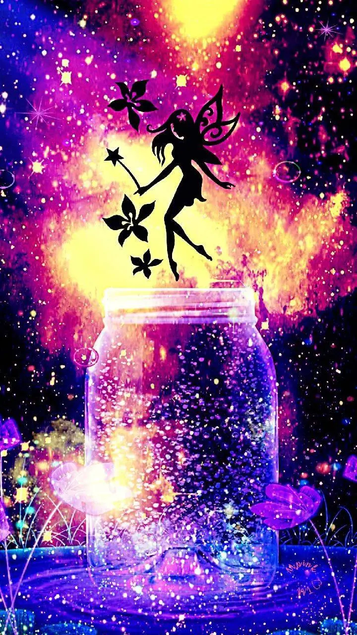 Background photo of a colored winged angel in the mouth of a bottle for phone wallpaper