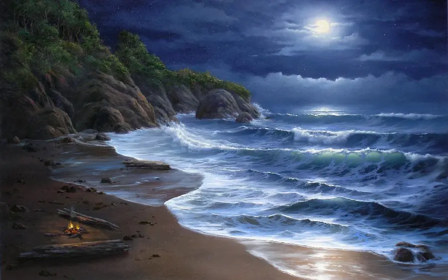 A very beautiful Windows wallpaper of ocean waves at night under the moonlight and with a bright fire on the beach in HD quality