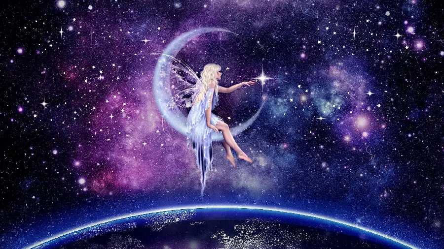 High quality background photo of an angel Golden-haired winged angel on the crescent moon