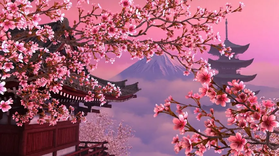 Spring Cherry Blossoms Wallpaper with Mount Fuji Background