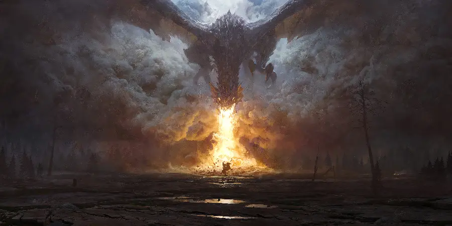 Digital painting photo of a dragon fighting a man on a horse in flames