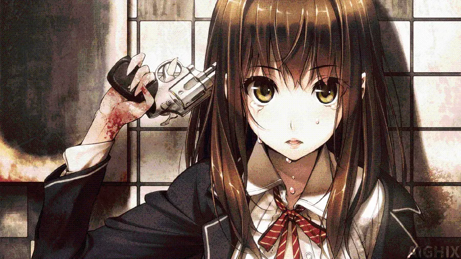 Anime photo of a wounded girl with bangs and a gun for Windows 11 profile and wallpaper