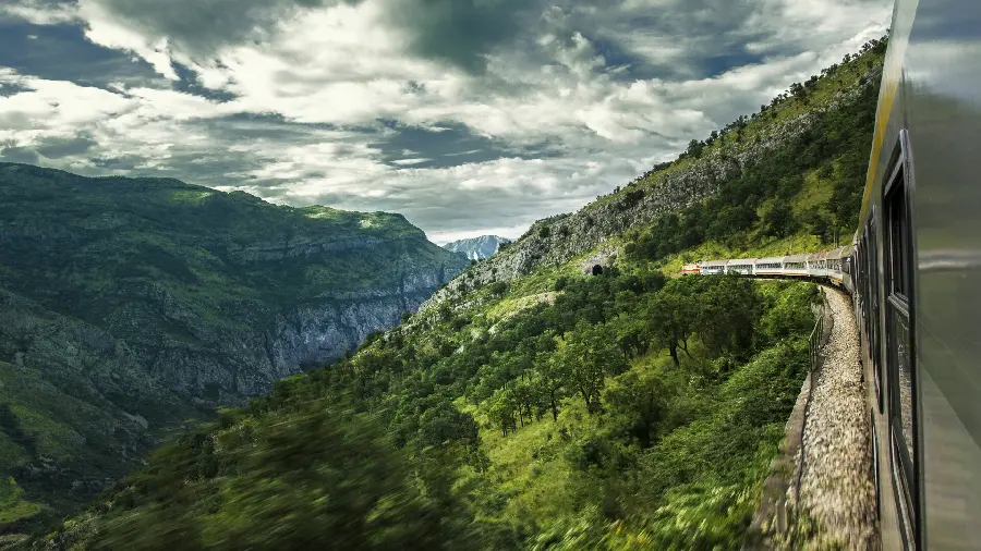 Beautiful photo taken from inside a train with a green landscape