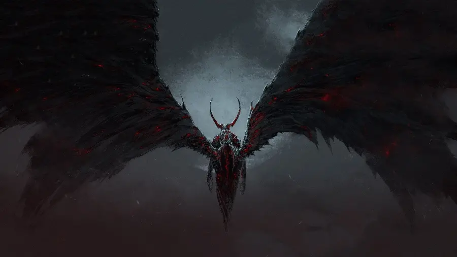 Background photo of a scary winged angel with big horns