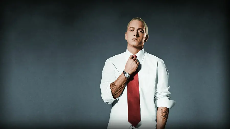 Eminem photo with a white shirt and red tie in full HD quality