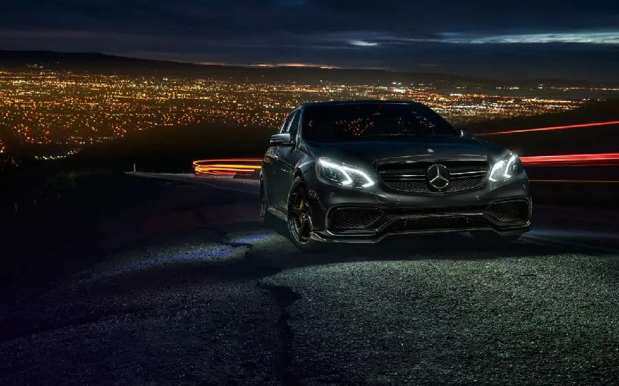 Proud Mercedes-Benz AMG E63 in the hustle and bustle of the city