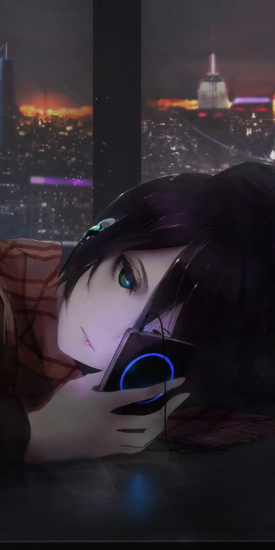 Special wallpaper of a sad anime girl with a mobile phone at night for Android