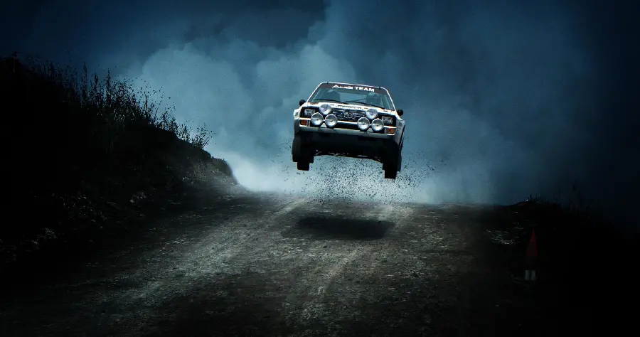 Rally Background Image and Car Jumping from a Big Hill