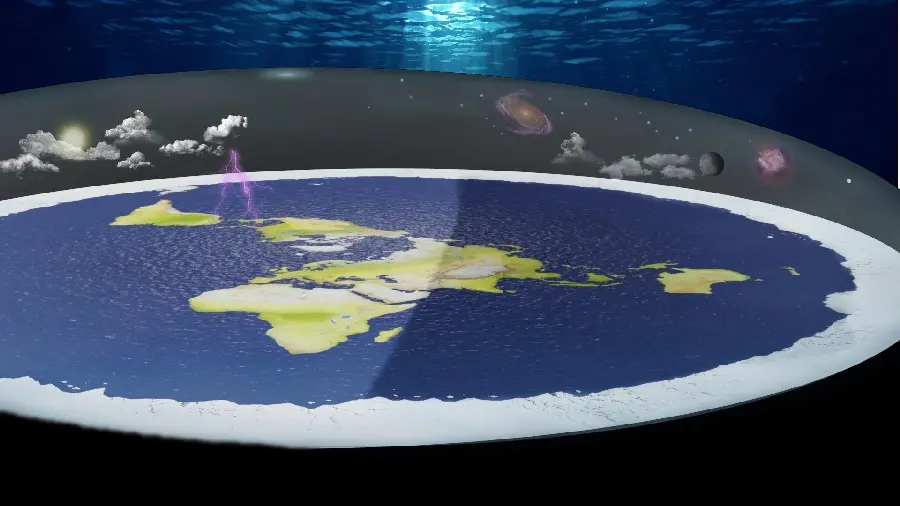 Download the popular fantasy image of a flat Earth showing various atmospheric and spatial environments around it in HD quality