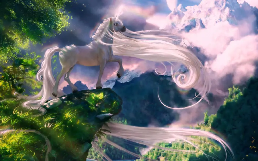 Unicorn background with long hair over green hills