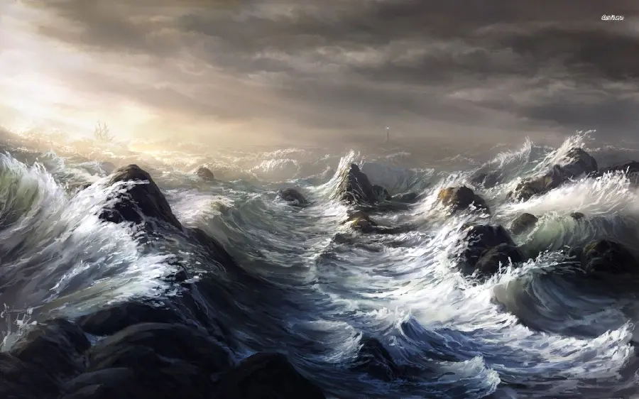 A very beautiful Windows wallpaper of roaring and turbulent ocean waves under a cloudy sky in excellent quality
