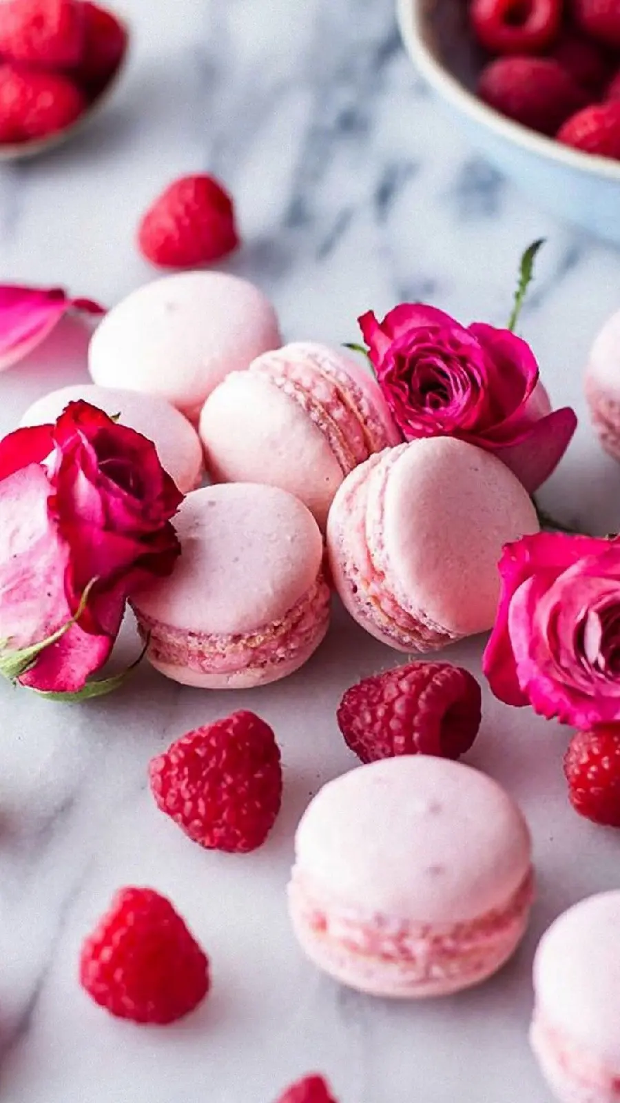 Beautiful wallpaper of pink macarons with roses