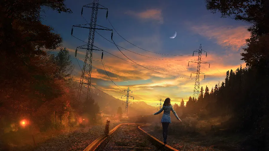 Photo of a beautiful girl next to a train track and sunset for a profile and phone background