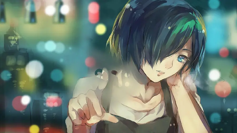 Cute anime girl photo of a sad girl with short hair thinking in HD quality