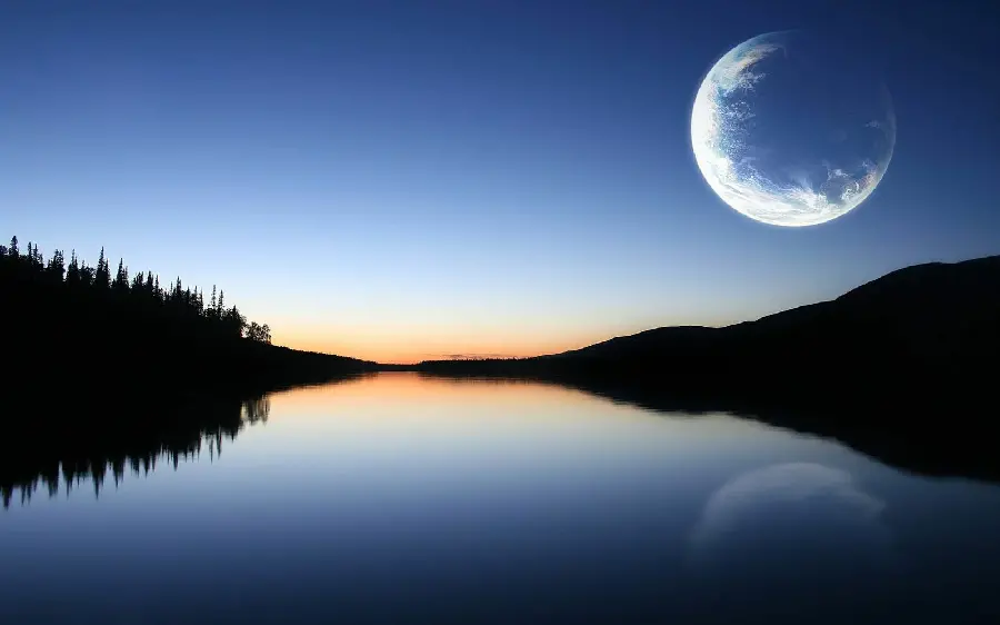Fantasy image of the moon and beautiful forest trees and the river
