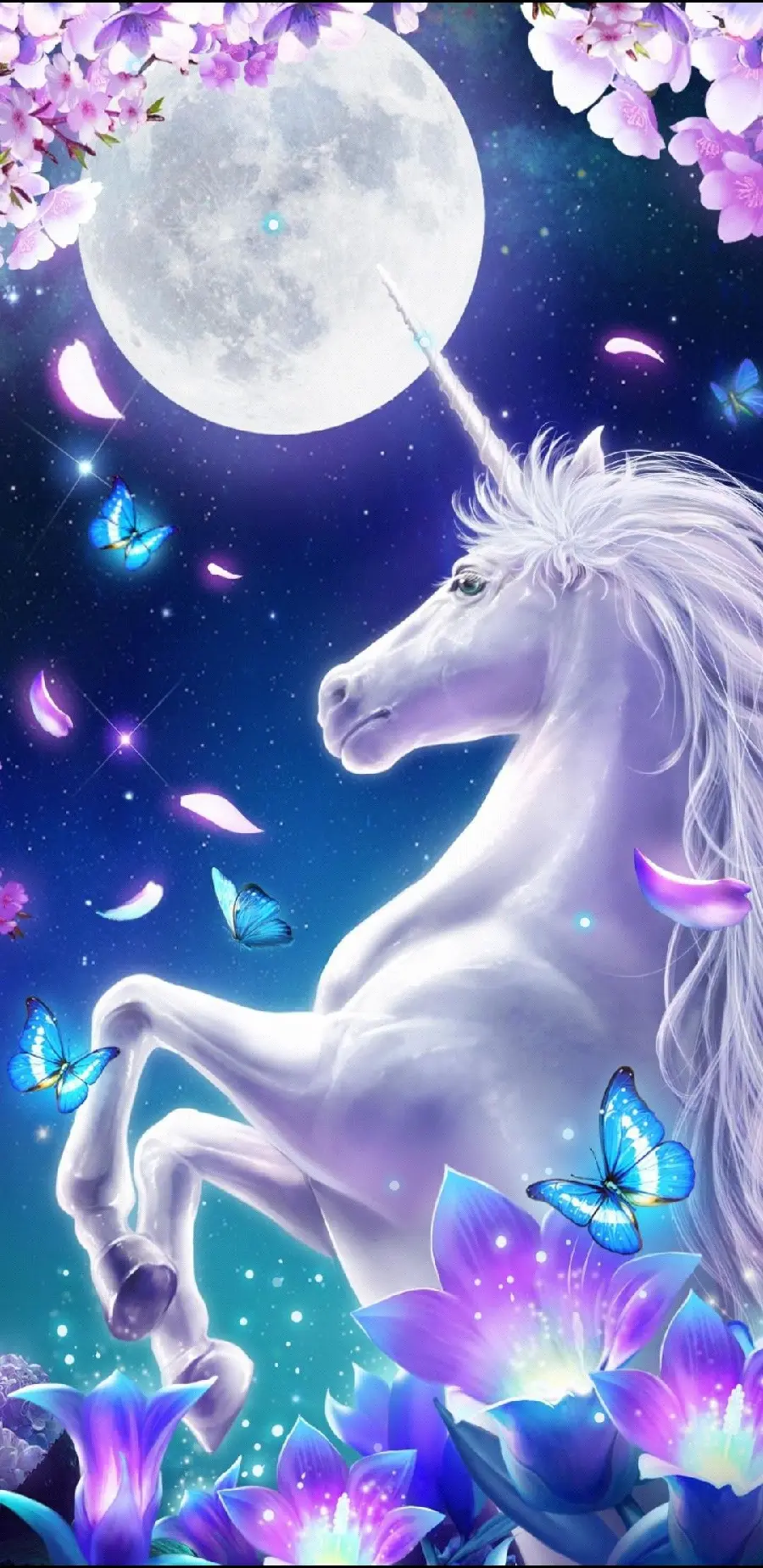Wallpaper of a unicorn horse next to the moon and anime space with unicorns