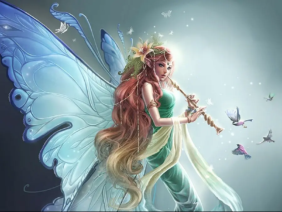 Anime photo of a winged angel with fawn hair in a green dress