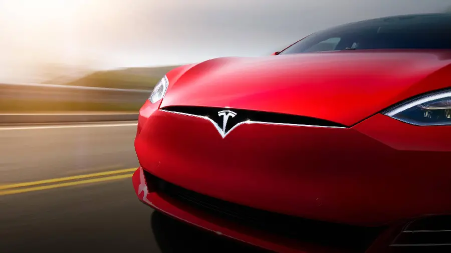 Photo of the logo and hood Tesla Model S