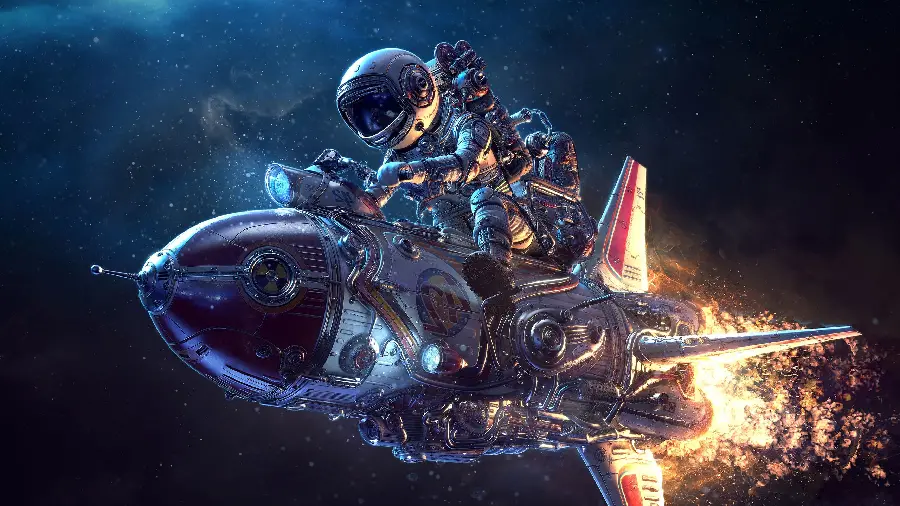 Background Image of Astronaut Riding on a Fantasy Spaceship in Space