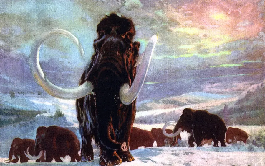 Fantasy background image of a herd of mammoths in the snow and blizzard
