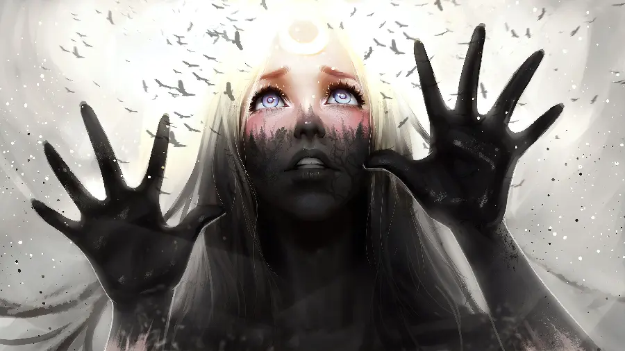 High quality photo of a digital painting of a woman's face with a scary background