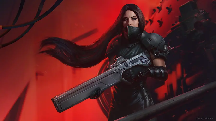 Wallpaper of a beautiful warrior girl with a gun in her hand on a red and black background