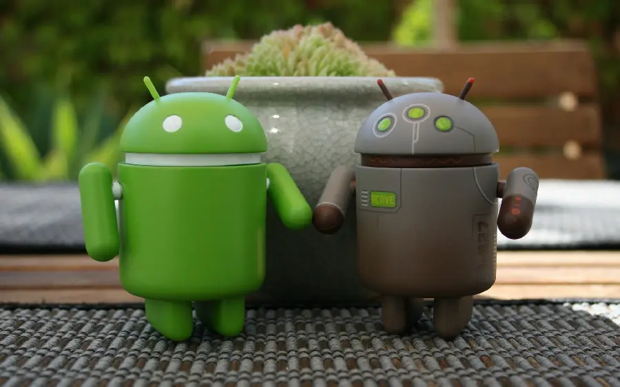 Download creative HD quality background with the theme and subject of two green and gray Android robots next to a cactus pot 