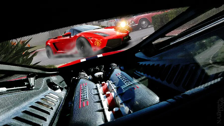 Close-up photo of the powerful and fast-moving engine of the 2022 Ferrari