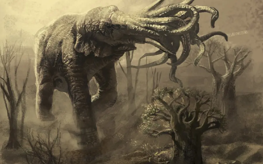 Black and white photo of an angry mammoth with multiple trunks