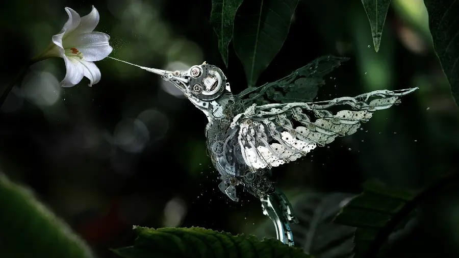 Full HD photo of a metal bird smelling a flower
