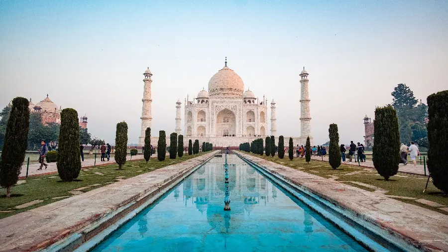 Stock photo of the Taj Mahal, one of the most famous monuments in the world and a beautiful and magnificent tomb