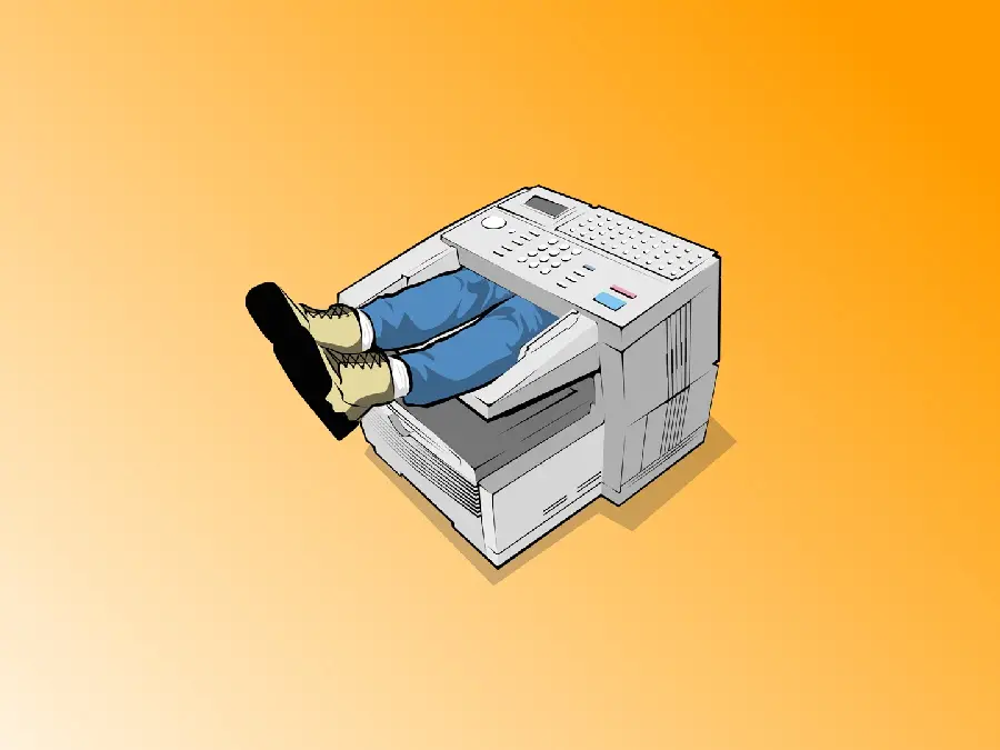 Image of an interesting and conceptual drawing of a printer and a man