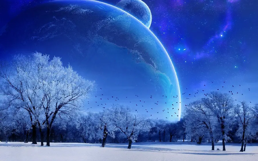 Beautiful fantasy photo of winter with trees and a wonderful moon
