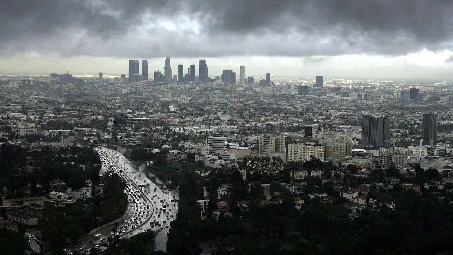 Photo of Los Angeles highway with downtown and suburbs in one frame