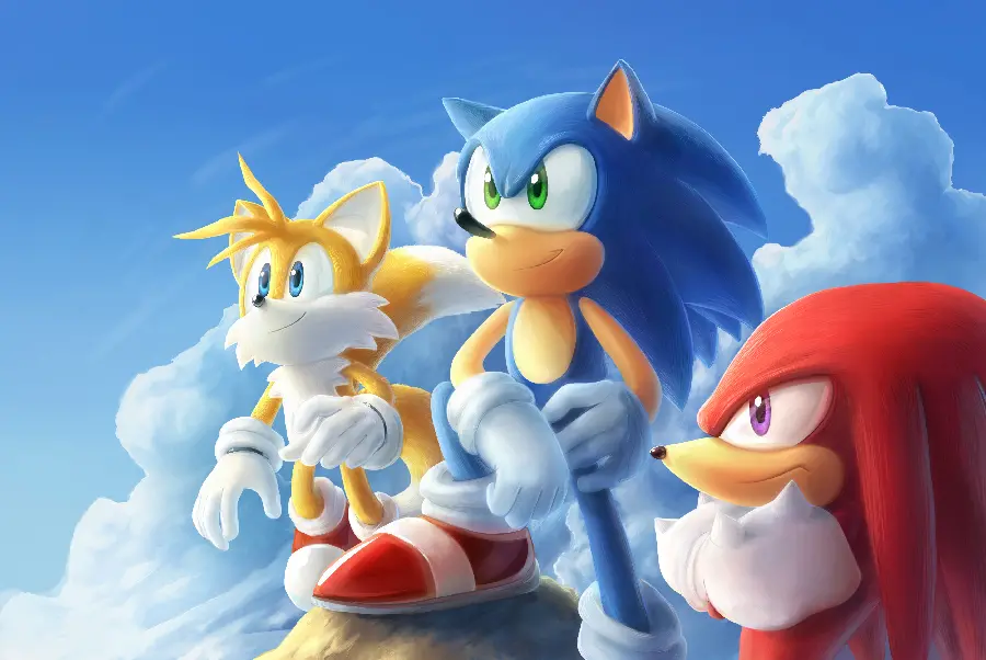 High quality photo of Sonic the Hedgehog, blue, with Knuckles and Tails
