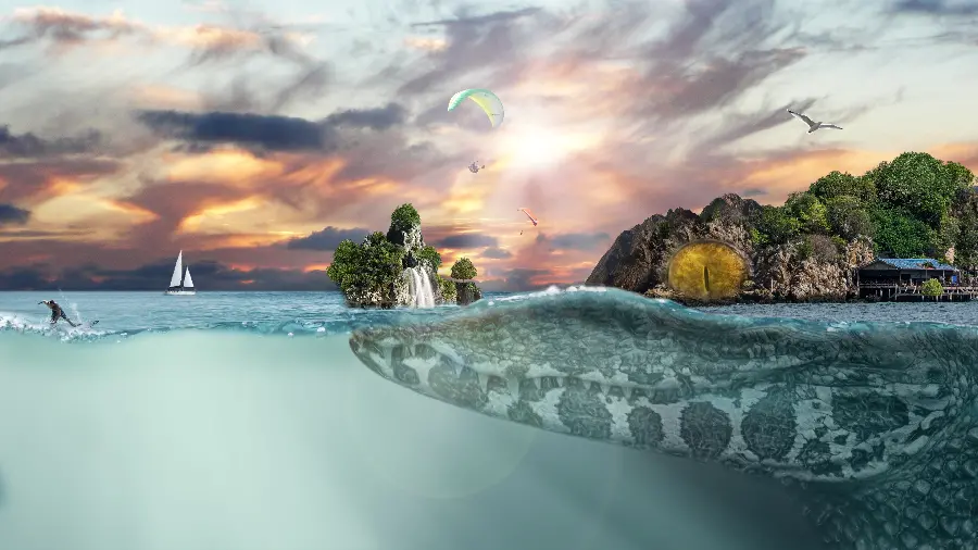 Fantasy image of a crocodile shaped like an island for the background