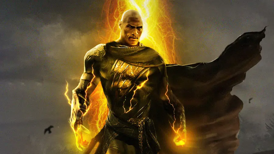 Wallpaper of the Black Adam character with a cape and deadly and powerful rays