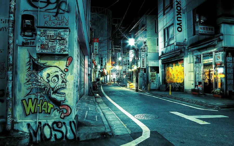 A deserted street photo at midnight in Tokyo, Japan for mobile background
