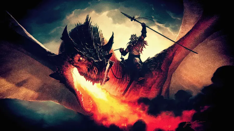 Colorful abstract dragon background digital painting and fire