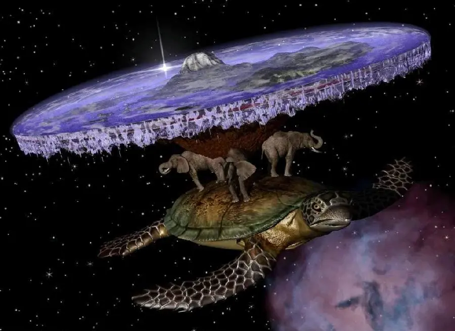 The strangest digital image of a flat Earth with turtle and elephant legs