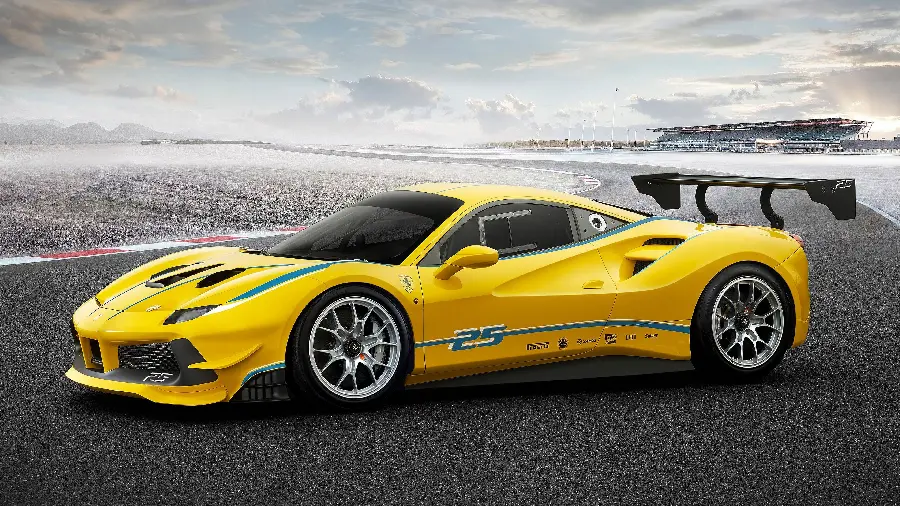Photo of the yellow color of the Ferrari car with special high-quality rims