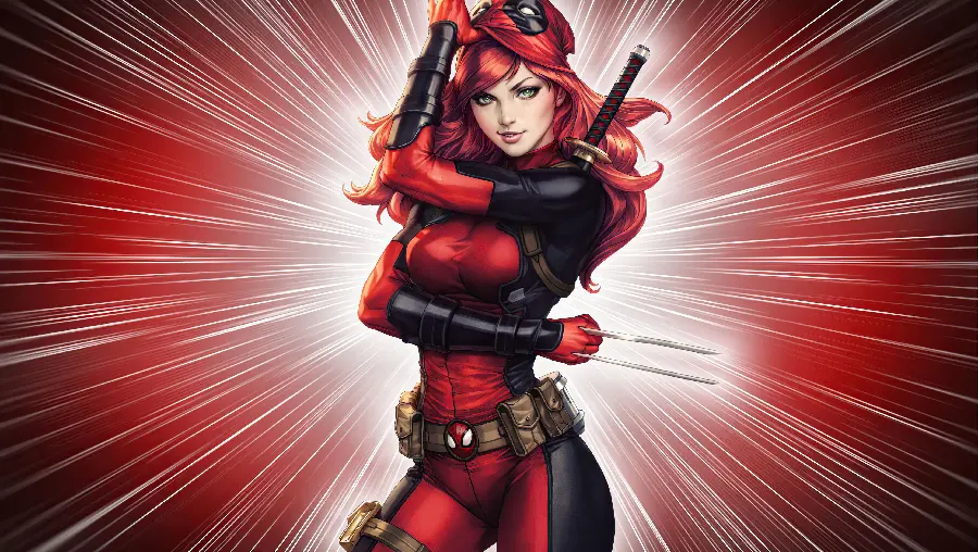 Deadpool photo of a beautiful and attractive girl with a red background
