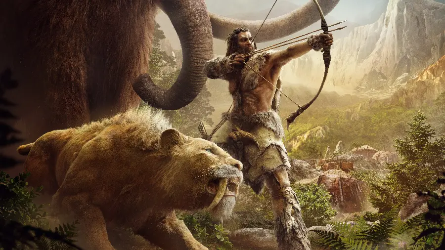 Image of a mammoth, a hunter shooting with a bow and a forest lion