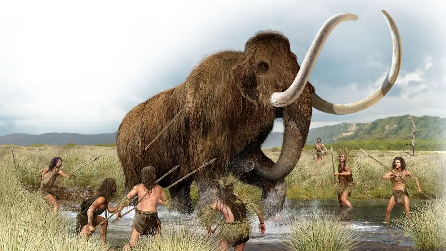Image of a captive mammoth among wild early humans
